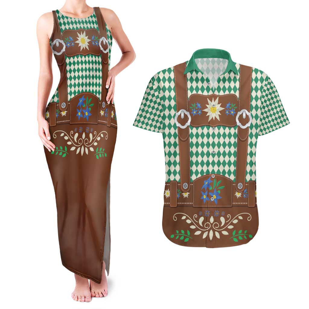 Lederhosen Oktoberfest Couples Matching Tank Maxi Dress and Hawaiian Shirt Green Edelweiss Floral Polka Dots - Wonder Print Shop