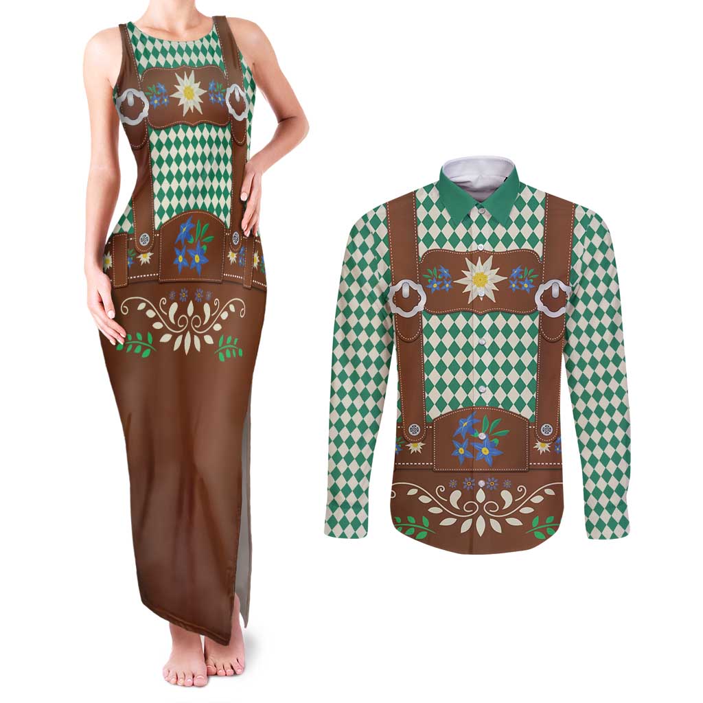 Lederhosen Oktoberfest Couples Matching Tank Maxi Dress and Long Sleeve Button Shirt Green Edelweiss Floral Polka Dots - Wonder Print Shop