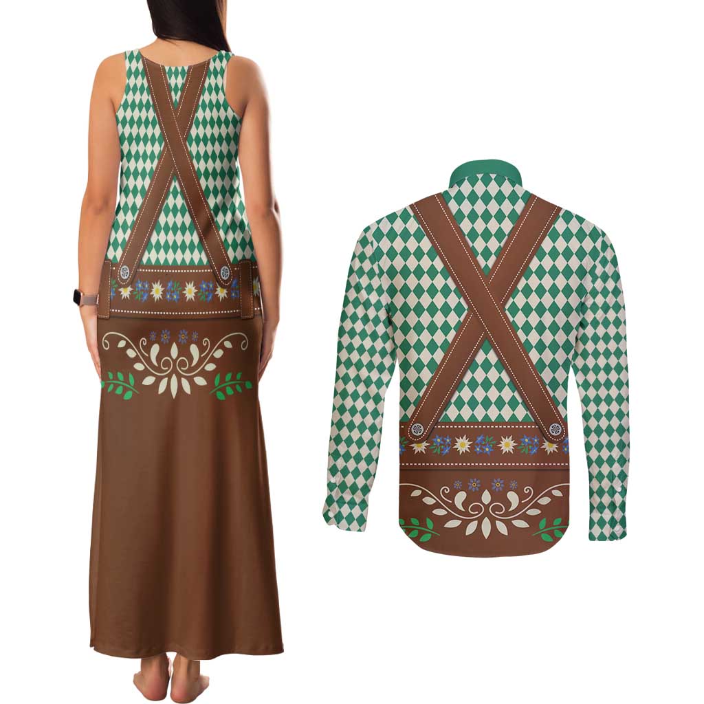 Lederhosen Oktoberfest Couples Matching Tank Maxi Dress and Long Sleeve Button Shirt Green Edelweiss Floral Polka Dots - Wonder Print Shop