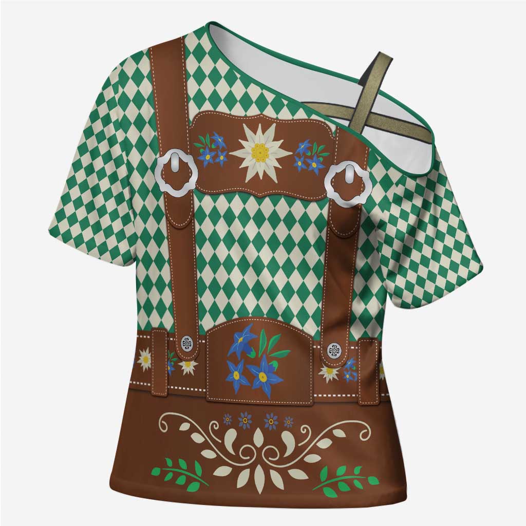 Lederhosen Oktoberfest Cross Shoulder Shirt Green Edelweiss Floral Polka Dots - Wonder Print Shop