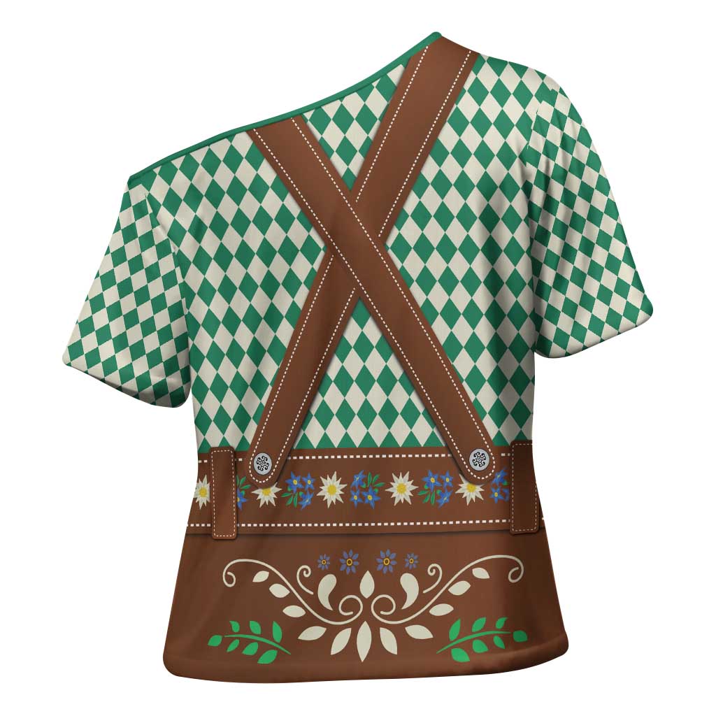 Lederhosen Oktoberfest Cross Shoulder Shirt Green Edelweiss Floral Polka Dots - Wonder Print Shop