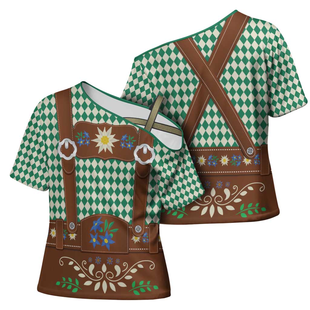 Lederhosen Oktoberfest Cross Shoulder Shirt Green Edelweiss Floral Polka Dots - Wonder Print Shop