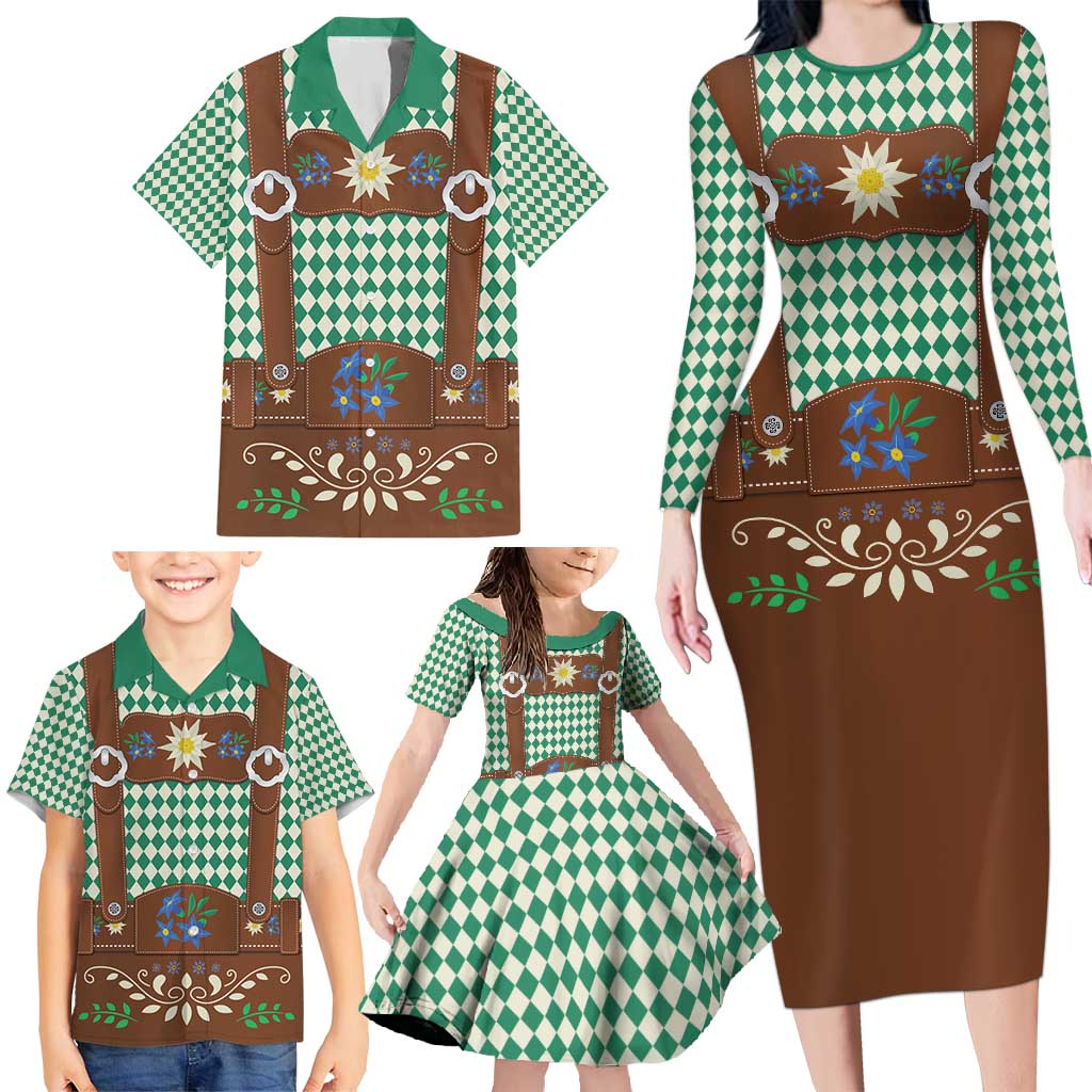 Lederhosen Oktoberfest Family Matching Long Sleeve Bodycon Dress and Hawaiian Shirt Green Edelweiss Floral Polka Dots - Wonder Print Shop