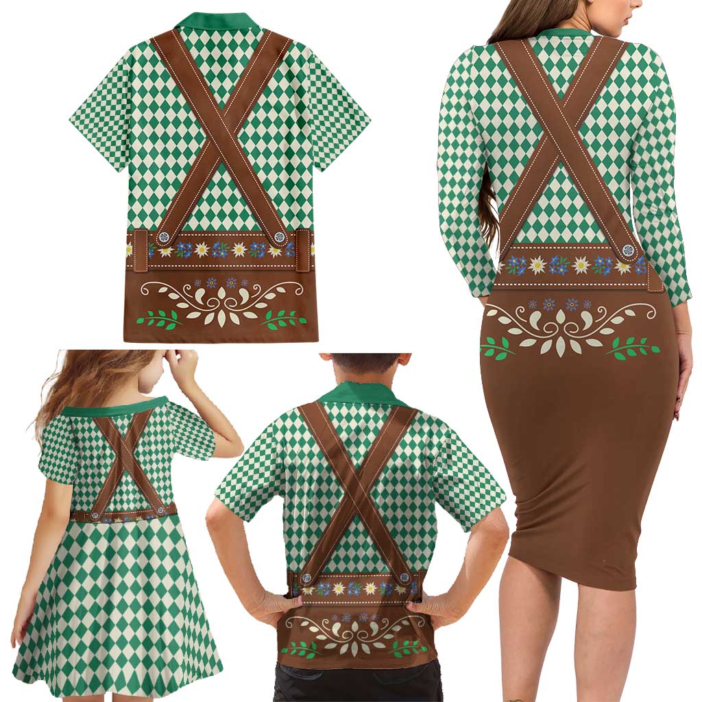 Lederhosen Oktoberfest Family Matching Long Sleeve Bodycon Dress and Hawaiian Shirt Green Edelweiss Floral Polka Dots - Wonder Print Shop
