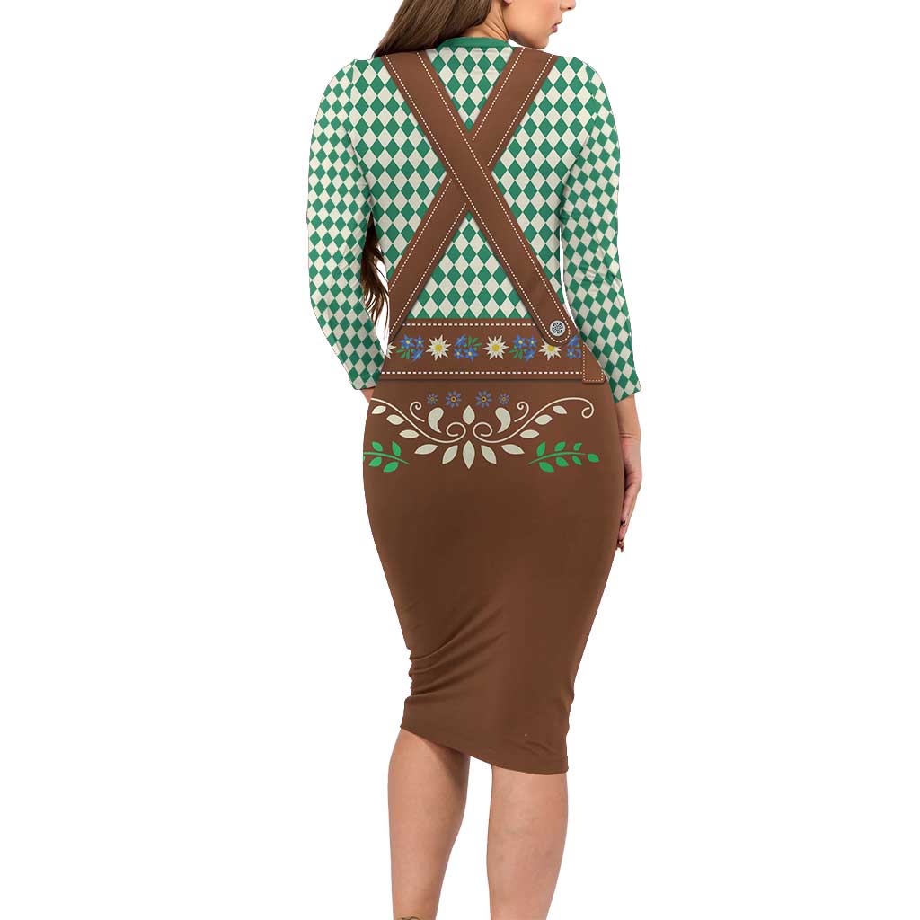 Lederhosen Oktoberfest Family Matching Long Sleeve Bodycon Dress and Hawaiian Shirt Green Edelweiss Floral Polka Dots - Wonder Print Shop