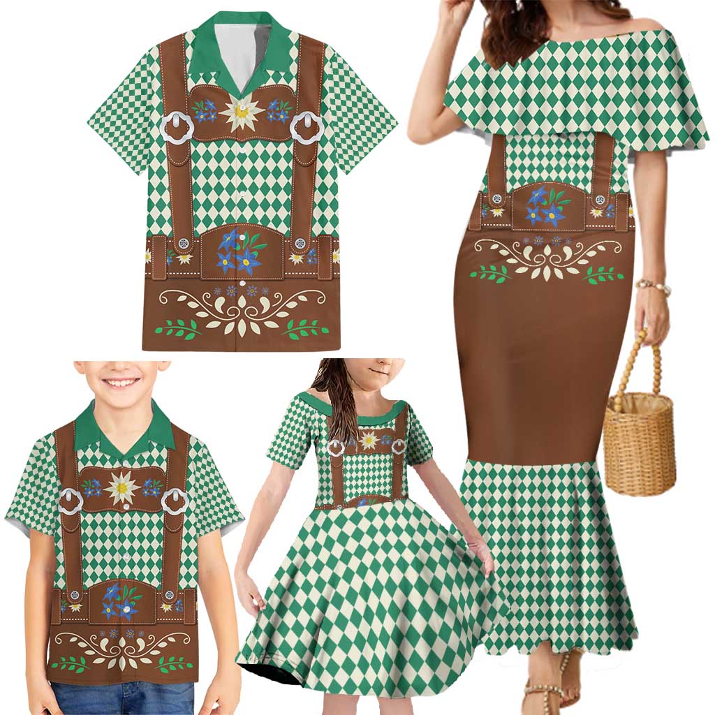 Lederhosen Oktoberfest Family Matching Mermaid Dress and Hawaiian Shirt Green Edelweiss Floral Polka Dots - Wonder Print Shop