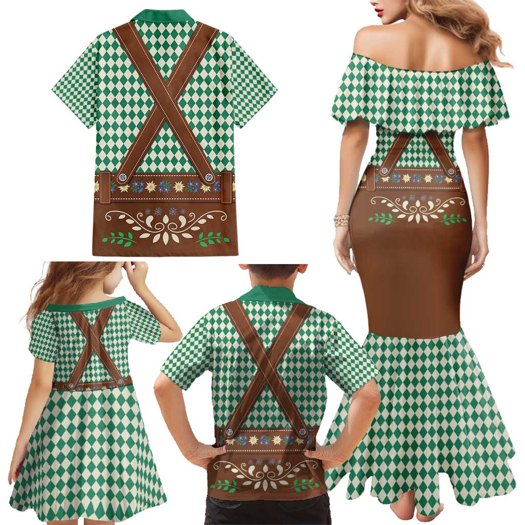 Lederhosen Oktoberfest Family Matching Mermaid Dress and Hawaiian Shirt Green Edelweiss Floral Polka Dots - Wonder Print Shop