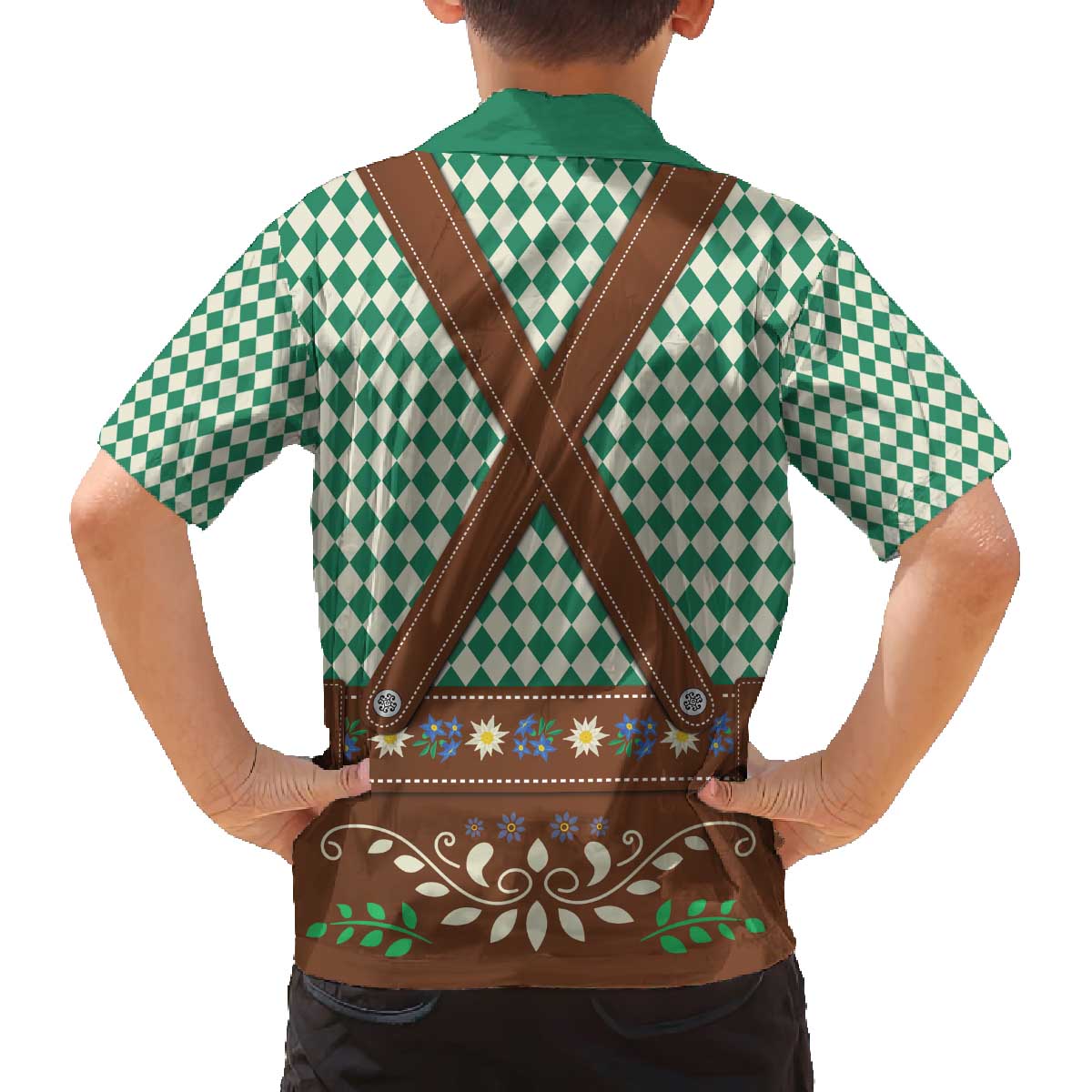 Lederhosen Oktoberfest Family Matching Off The Shoulder Long Sleeve Dress and Hawaiian Shirt Green Edelweiss Floral Polka Dots - Wonder Print Shop