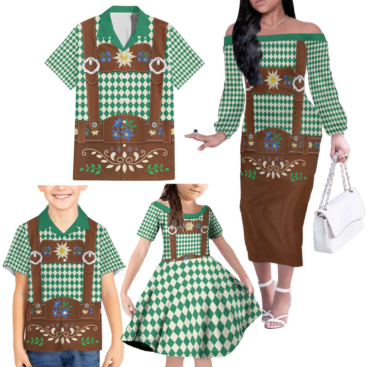 Lederhosen Oktoberfest Family Matching Off The Shoulder Long Sleeve Dress and Hawaiian Shirt Green Edelweiss Floral Polka Dots - Wonder Print Shop