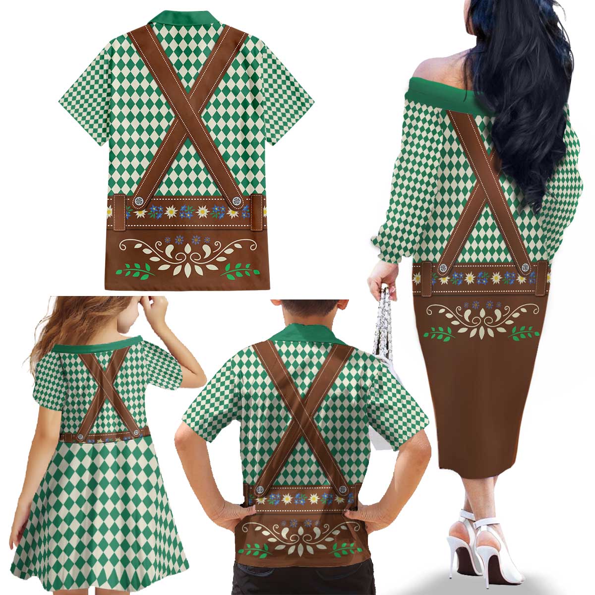 Lederhosen Oktoberfest Family Matching Off The Shoulder Long Sleeve Dress and Hawaiian Shirt Green Edelweiss Floral Polka Dots - Wonder Print Shop