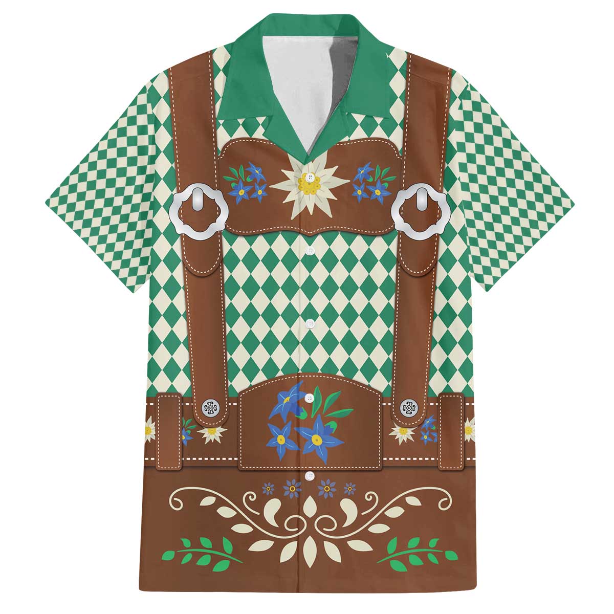 Lederhosen Oktoberfest Family Matching Off The Shoulder Long Sleeve Dress and Hawaiian Shirt Green Edelweiss Floral Polka Dots - Wonder Print Shop