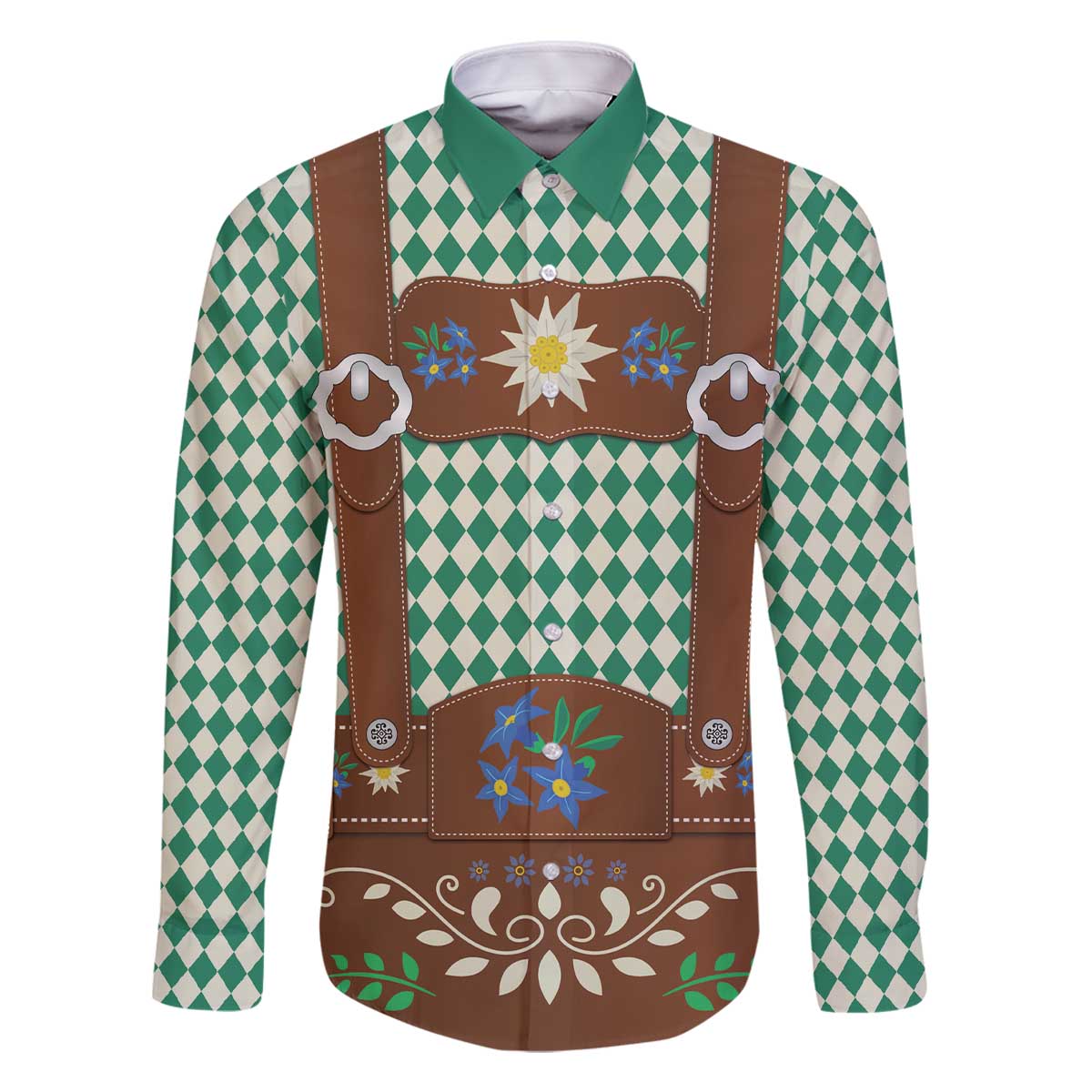 Lederhosen Oktoberfest Family Matching Off The Shoulder Long Sleeve Dress and Hawaiian Shirt Green Edelweiss Floral Polka Dots - Wonder Print Shop