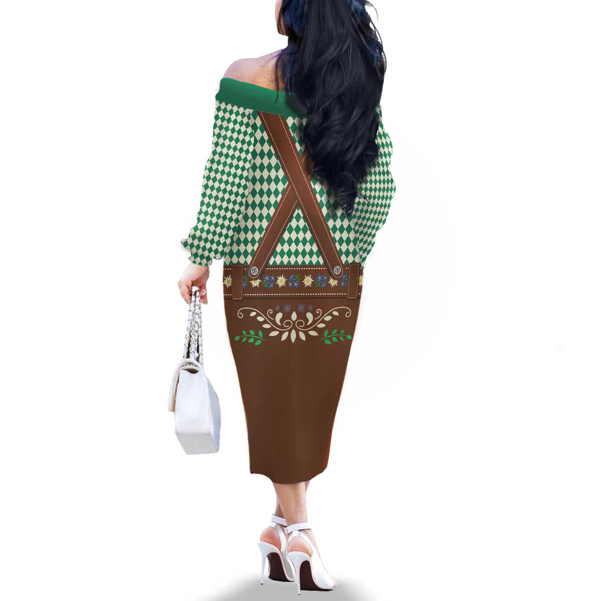 Lederhosen Oktoberfest Family Matching Off The Shoulder Long Sleeve Dress and Hawaiian Shirt Green Edelweiss Floral Polka Dots - Wonder Print Shop