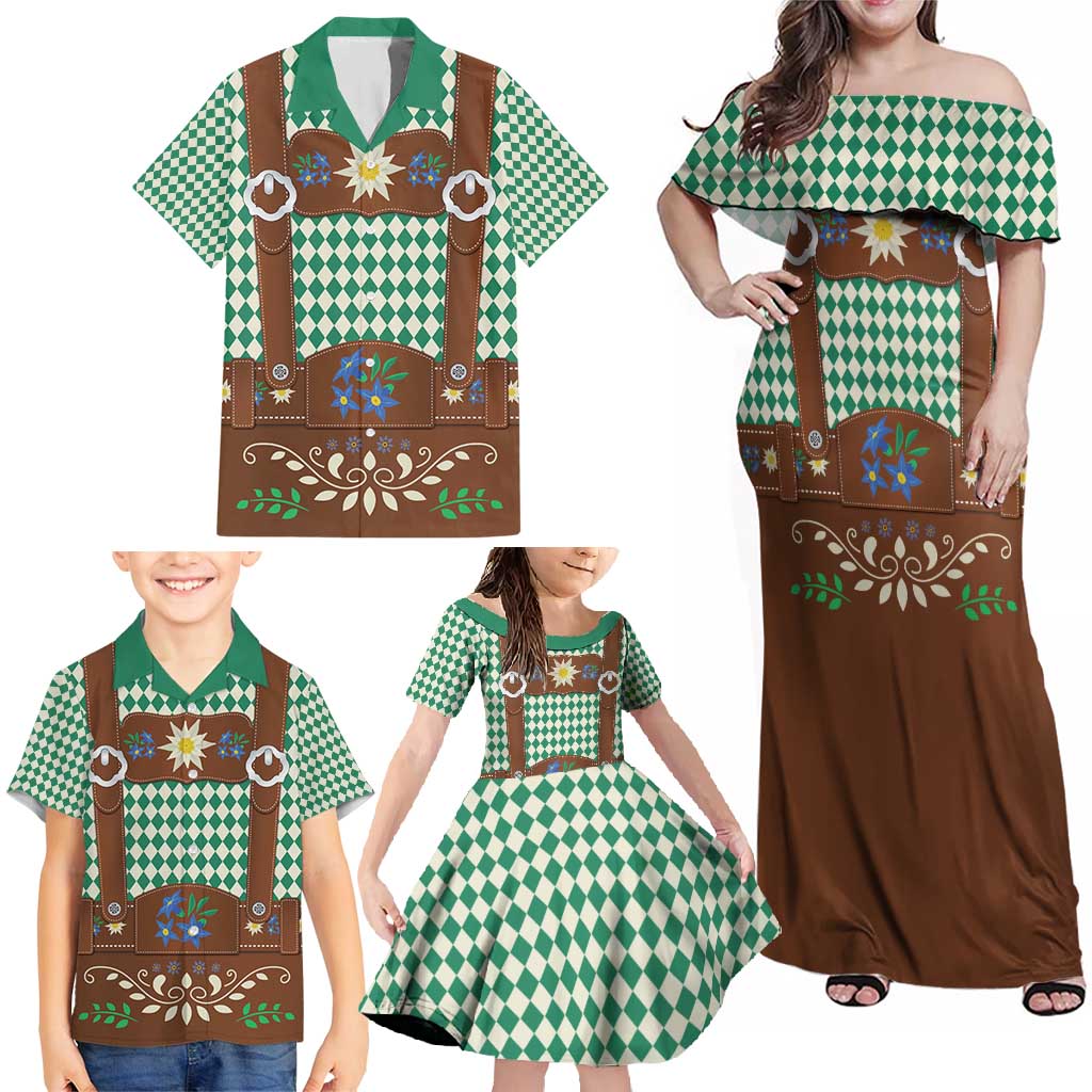Lederhosen Oktoberfest Family Matching Off Shoulder Maxi Dress and Hawaiian Shirt Green Edelweiss Floral Polka Dots - Wonder Print Shop