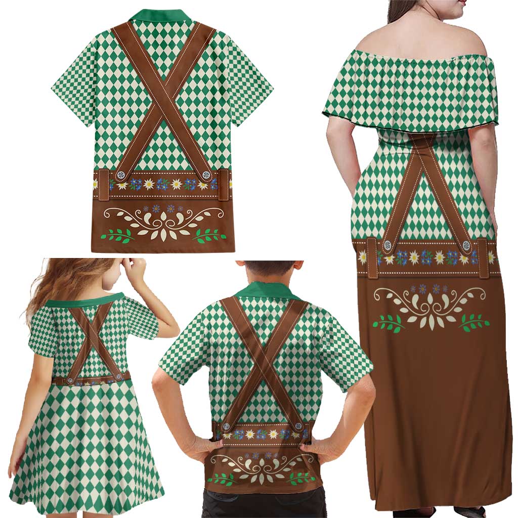 Lederhosen Oktoberfest Family Matching Off Shoulder Maxi Dress and Hawaiian Shirt Green Edelweiss Floral Polka Dots - Wonder Print Shop