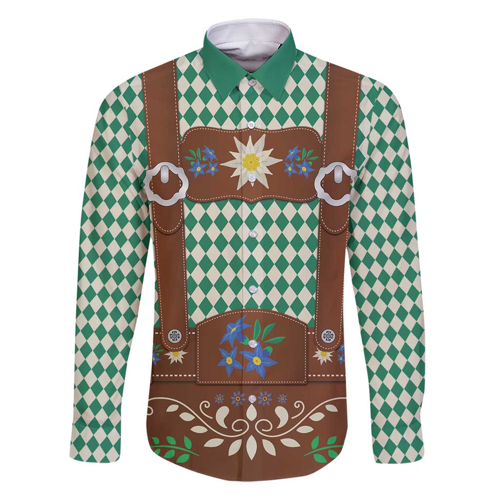 Lederhosen Oktoberfest Family Matching Off Shoulder Maxi Dress and Hawaiian Shirt Green Edelweiss Floral Polka Dots - Wonder Print Shop