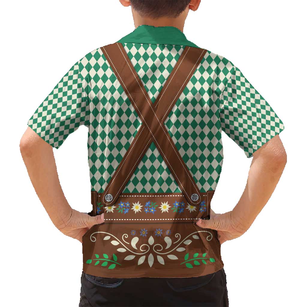 Lederhosen Oktoberfest Family Matching Off Shoulder Short Dress and Hawaiian Shirt Green Edelweiss Floral Polka Dots - Wonder Print Shop