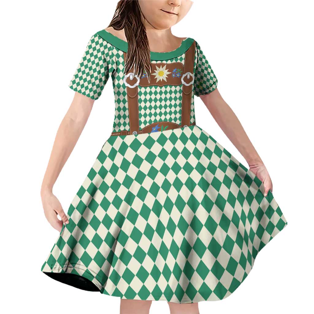 Lederhosen Oktoberfest Family Matching Off Shoulder Short Dress and Hawaiian Shirt Green Edelweiss Floral Polka Dots - Wonder Print Shop