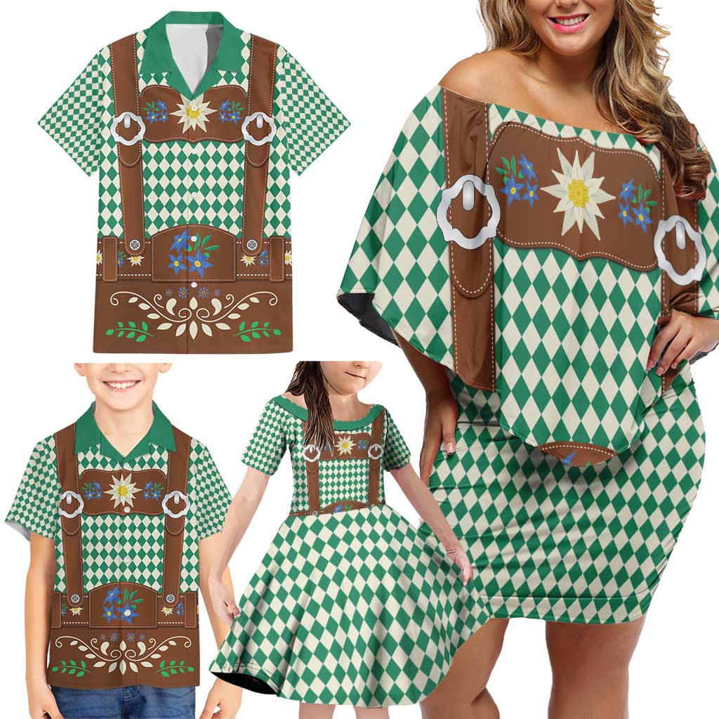 Lederhosen Oktoberfest Family Matching Off Shoulder Short Dress and Hawaiian Shirt Green Edelweiss Floral Polka Dots - Wonder Print Shop