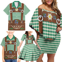 Lederhosen Oktoberfest Family Matching Off Shoulder Short Dress and Hawaiian Shirt Green Edelweiss Floral Polka Dots - Wonder Print Shop