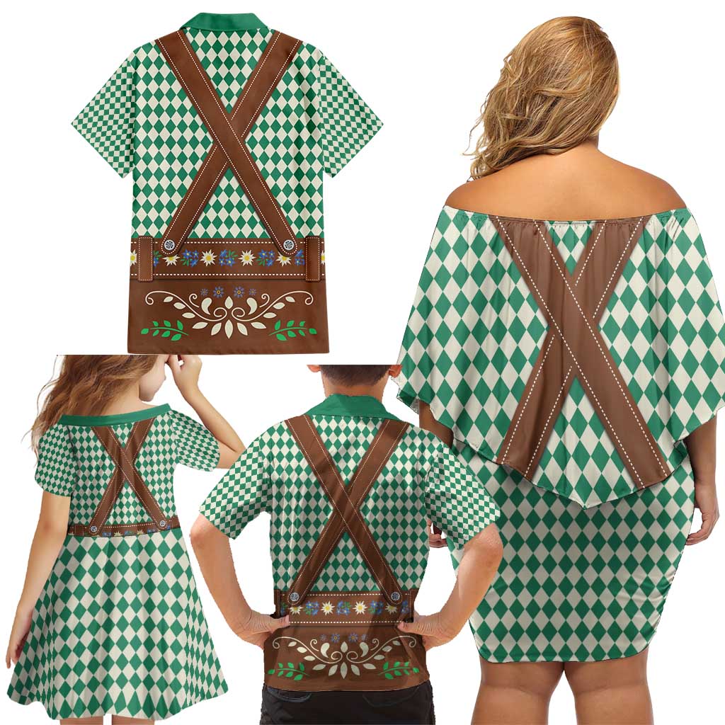 Lederhosen Oktoberfest Family Matching Off Shoulder Short Dress and Hawaiian Shirt Green Edelweiss Floral Polka Dots - Wonder Print Shop