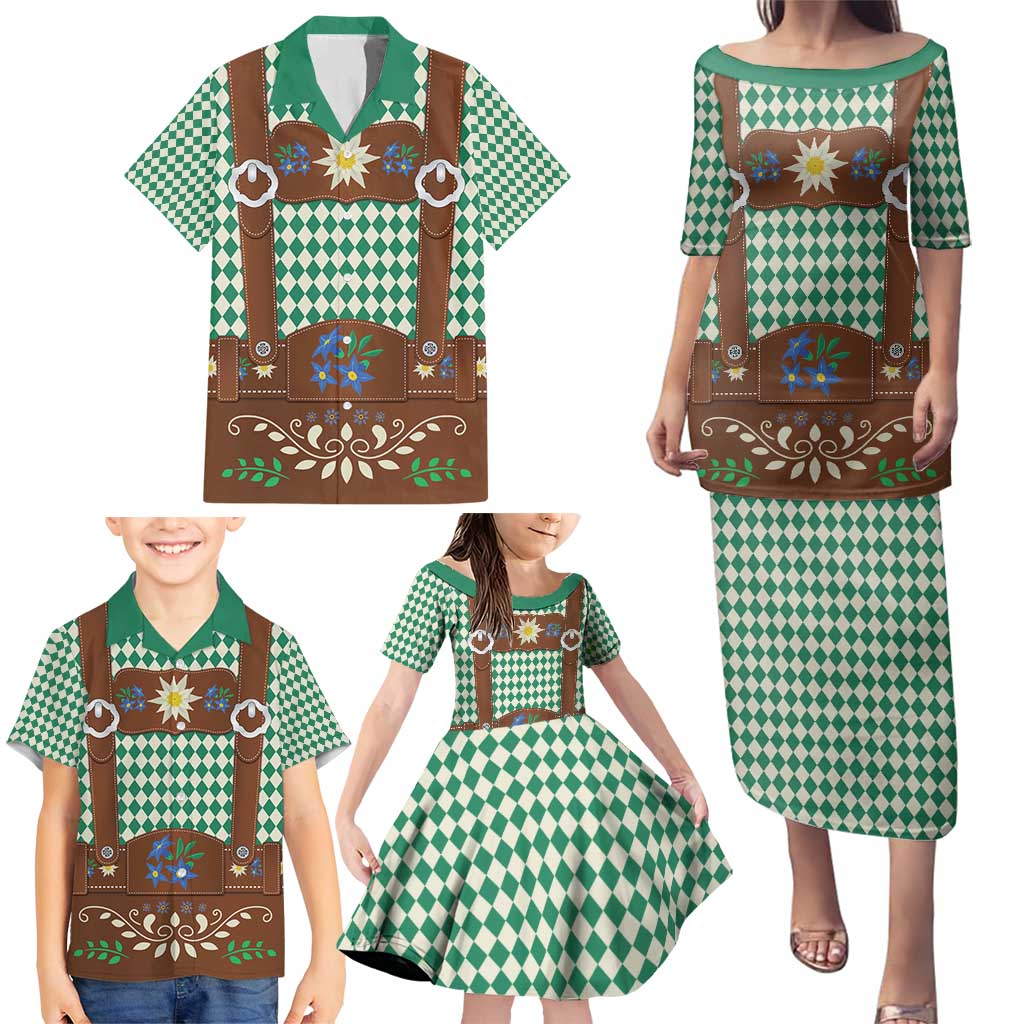 Lederhosen Oktoberfest Family Matching Puletasi and Hawaiian Shirt Green Edelweiss Floral Polka Dots - Wonder Print Shop