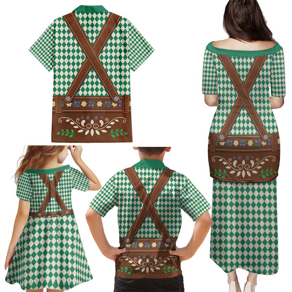 Lederhosen Oktoberfest Family Matching Puletasi and Hawaiian Shirt Green Edelweiss Floral Polka Dots - Wonder Print Shop