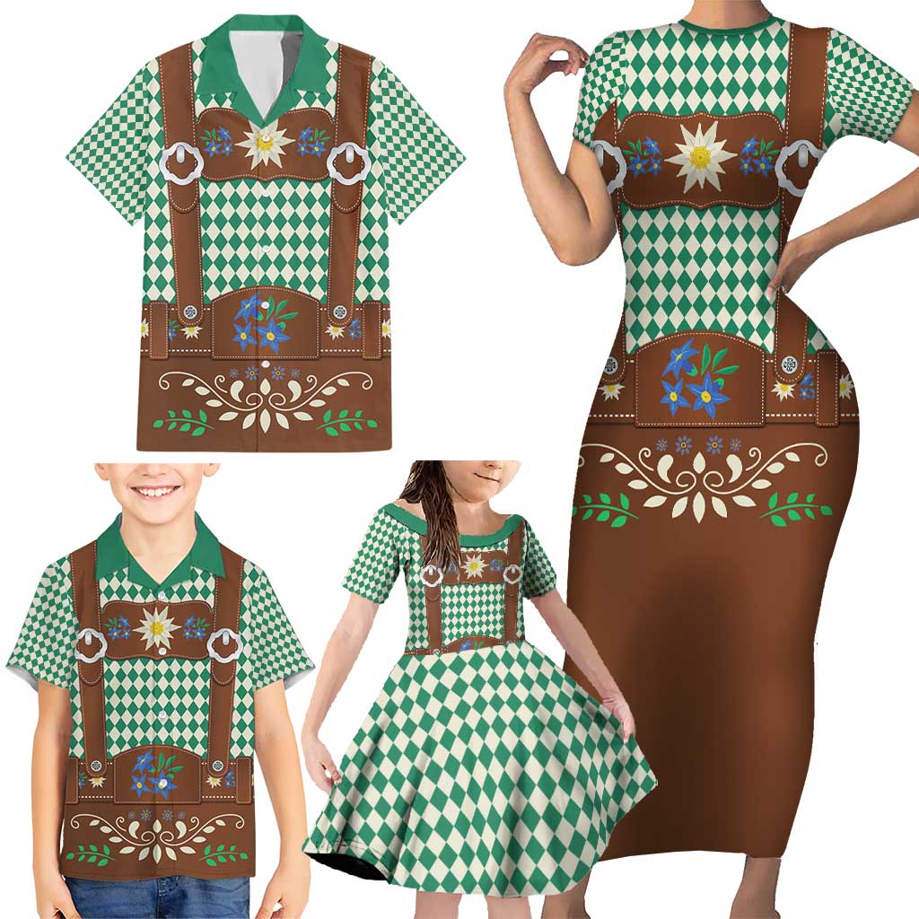 Lederhosen Oktoberfest Family Matching Short Sleeve Bodycon Dress and Hawaiian Shirt Green Edelweiss Floral Polka Dots - Wonder Print Shop