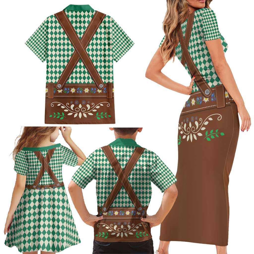 Lederhosen Oktoberfest Family Matching Short Sleeve Bodycon Dress and Hawaiian Shirt Green Edelweiss Floral Polka Dots - Wonder Print Shop