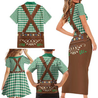 Lederhosen Oktoberfest Family Matching Short Sleeve Bodycon Dress and Hawaiian Shirt Green Edelweiss Floral Polka Dots - Wonder Print Shop