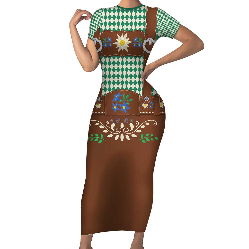 Lederhosen Oktoberfest Family Matching Short Sleeve Bodycon Dress and Hawaiian Shirt Green Edelweiss Floral Polka Dots - Wonder Print Shop