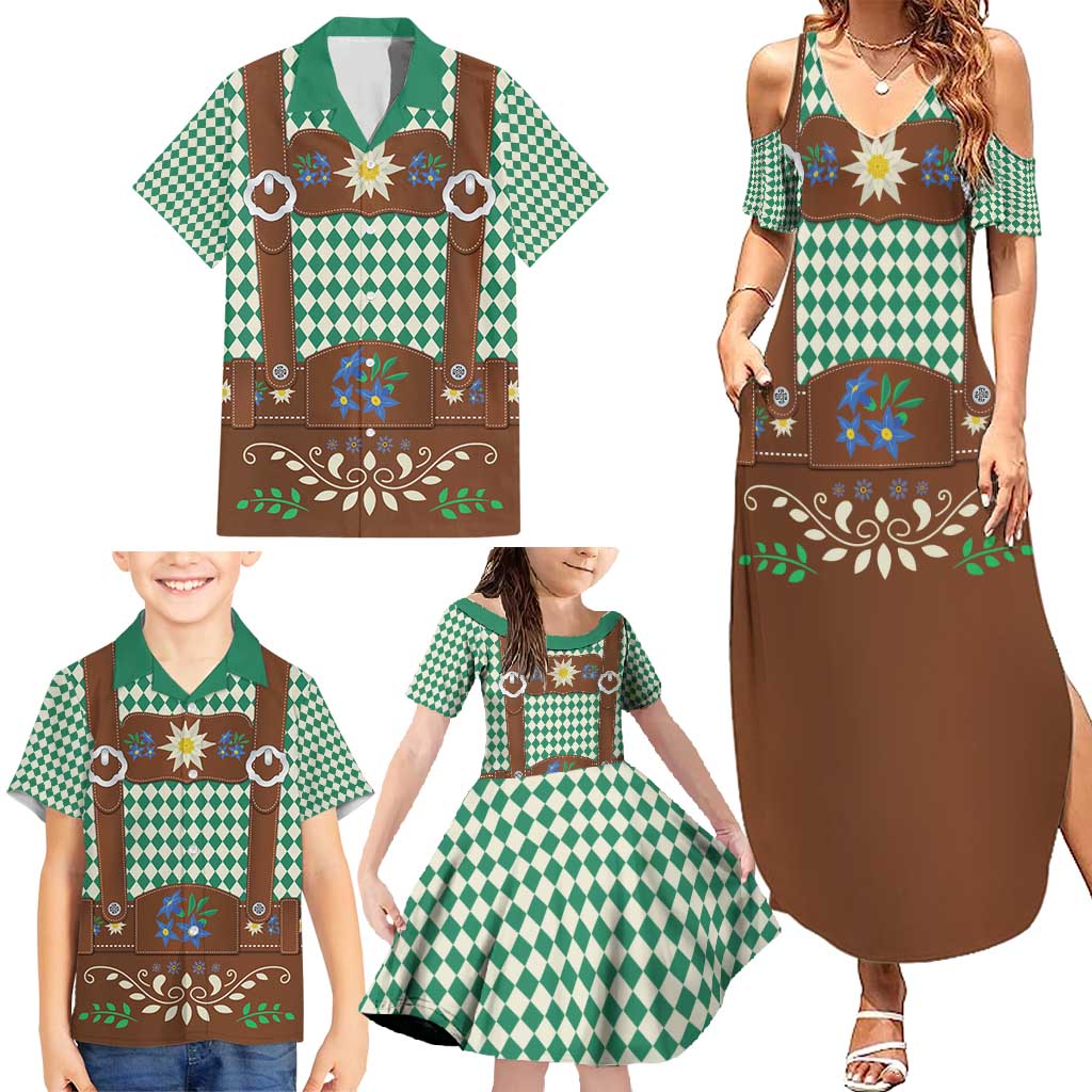 Lederhosen Oktoberfest Family Matching Summer Maxi Dress and Hawaiian Shirt Green Edelweiss Floral Polka Dots - Wonder Print Shop