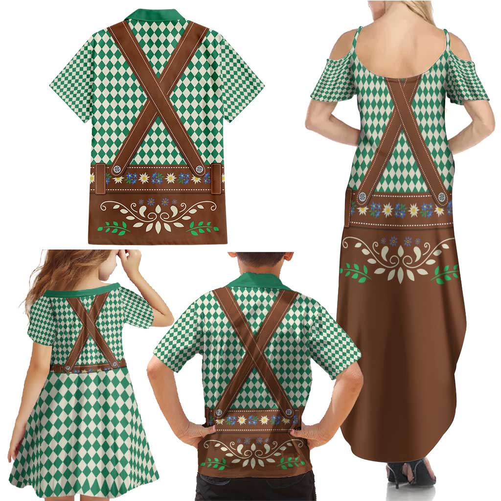 Lederhosen Oktoberfest Family Matching Summer Maxi Dress and Hawaiian Shirt Green Edelweiss Floral Polka Dots - Wonder Print Shop