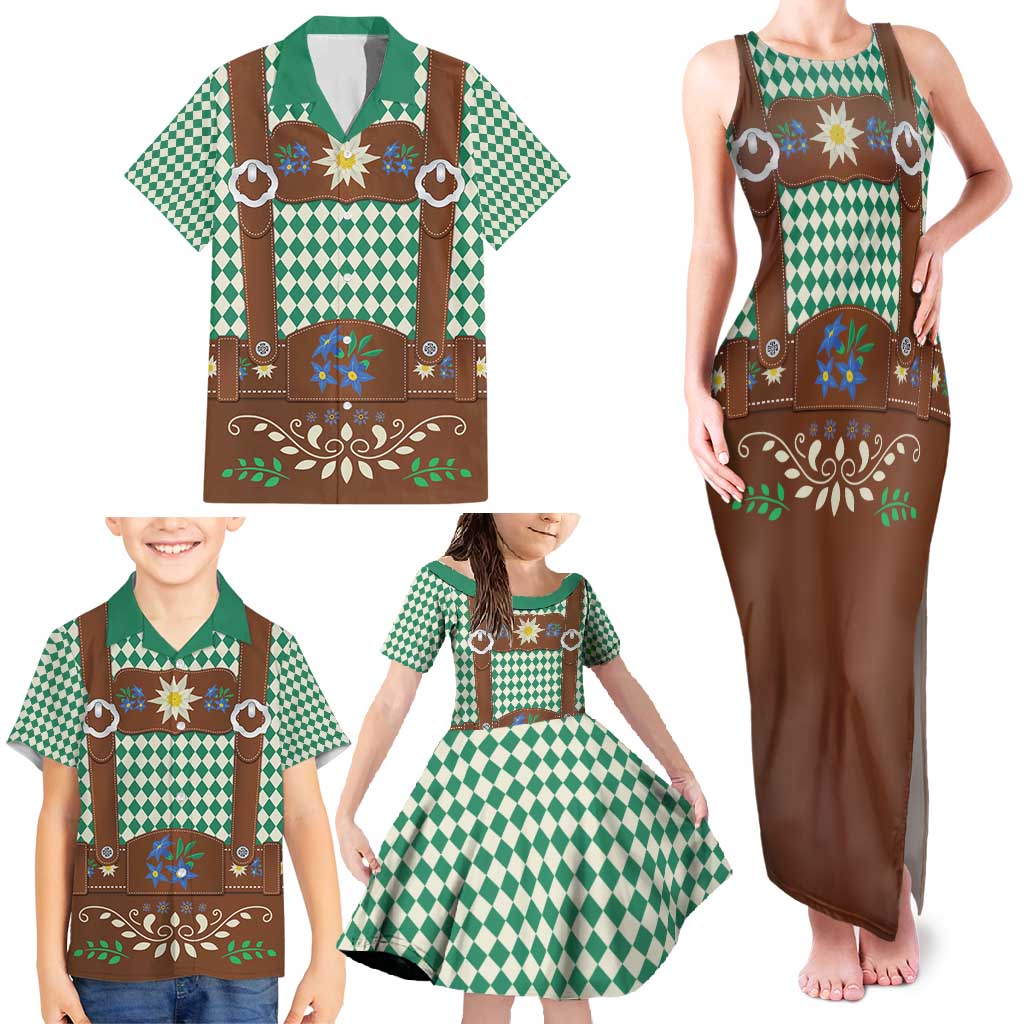 Lederhosen Oktoberfest Family Matching Tank Maxi Dress and Hawaiian Shirt Green Edelweiss Floral Polka Dots - Wonder Print Shop