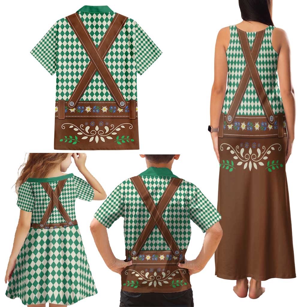 Lederhosen Oktoberfest Family Matching Tank Maxi Dress and Hawaiian Shirt Green Edelweiss Floral Polka Dots - Wonder Print Shop