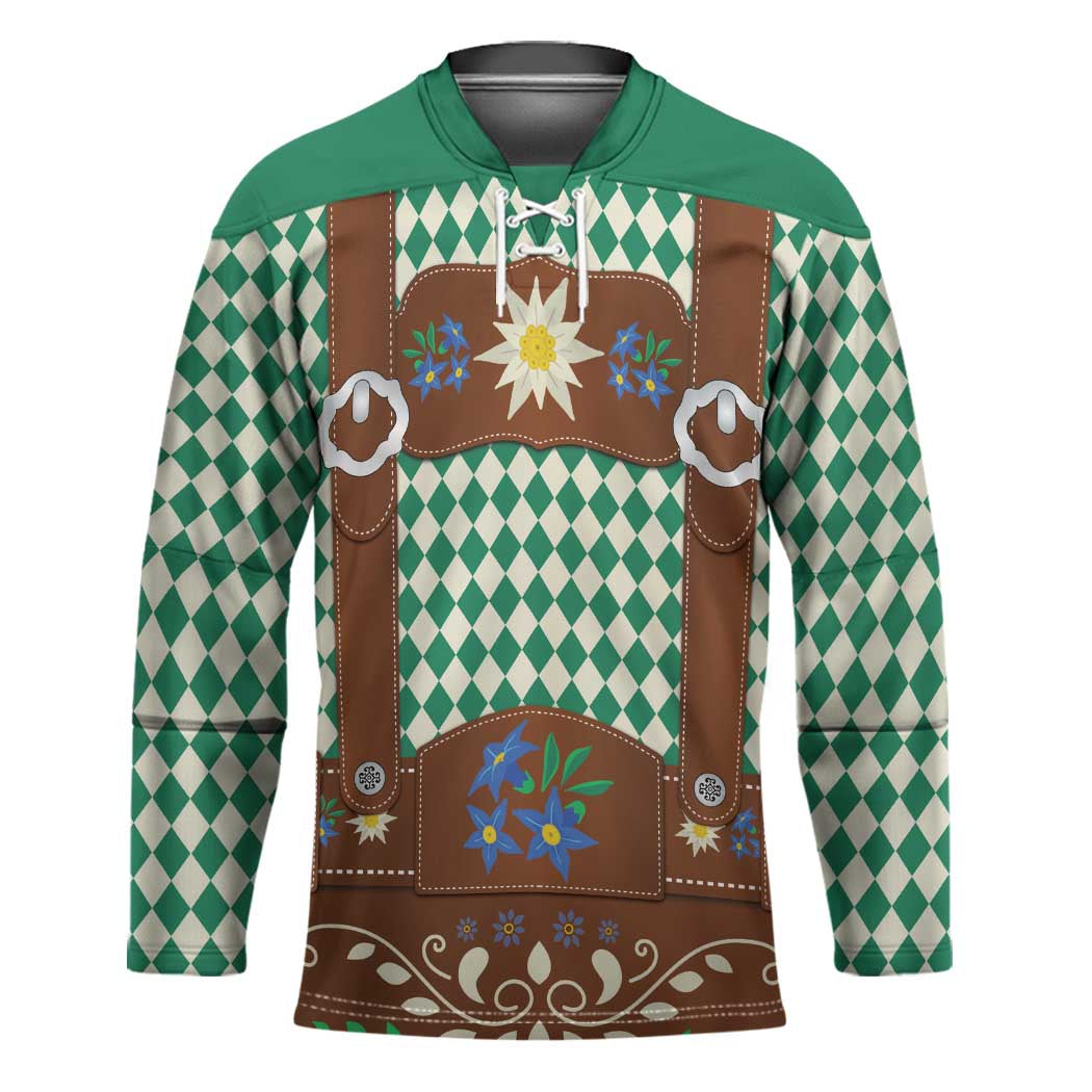 Lederhosen Oktoberfest Hockey Jersey Green Edelweiss Floral Polka Dots - Wonder Print Shop
