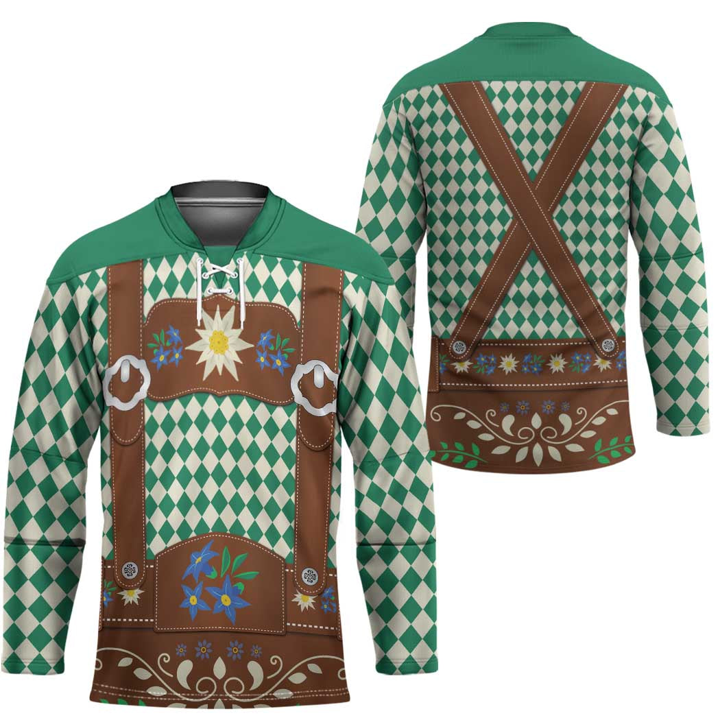 Lederhosen Oktoberfest Hockey Jersey Green Edelweiss Floral Polka Dots - Wonder Print Shop