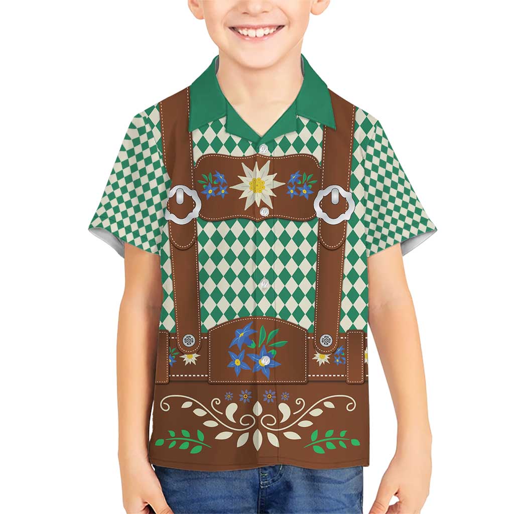Lederhosen Oktoberfest Kid Hawaiian Shirt Green Edelweiss Floral Polka Dots - Wonder Print Shop