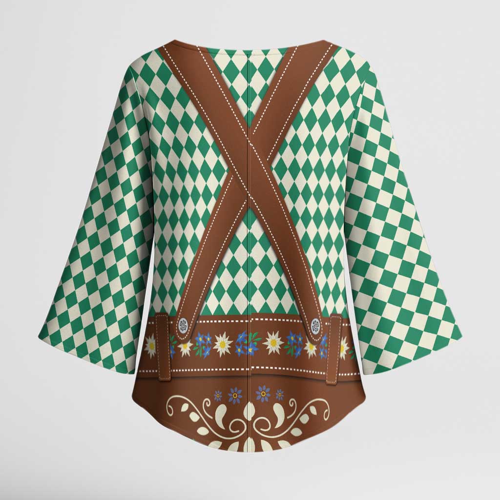 Lederhosen Oktoberfest Kimono Sleeve Blouse Green Edelweiss Floral Polka Dots - Wonder Print Shop