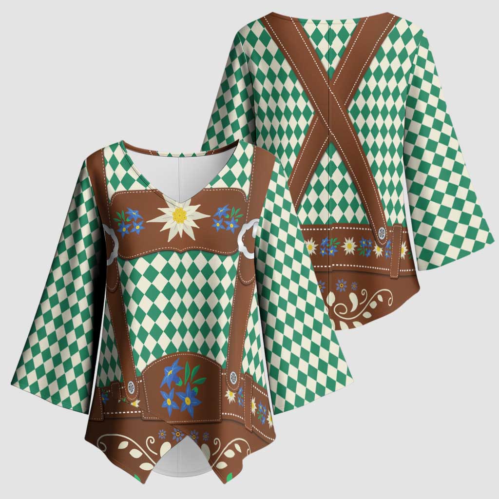 Lederhosen Oktoberfest Kimono Sleeve Blouse Green Edelweiss Floral Polka Dots - Wonder Print Shop