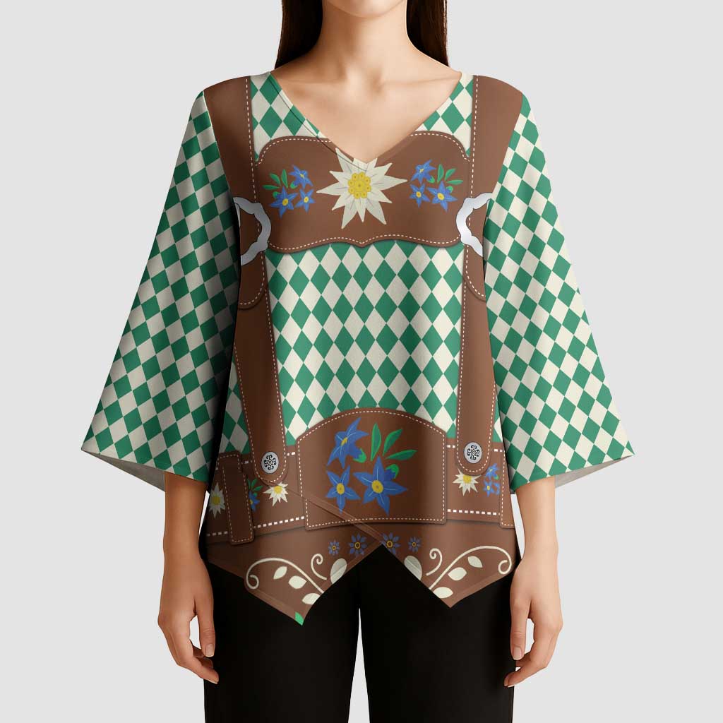 Lederhosen Oktoberfest Kimono Sleeve Blouse Green Edelweiss Floral Polka Dots - Wonder Print Shop