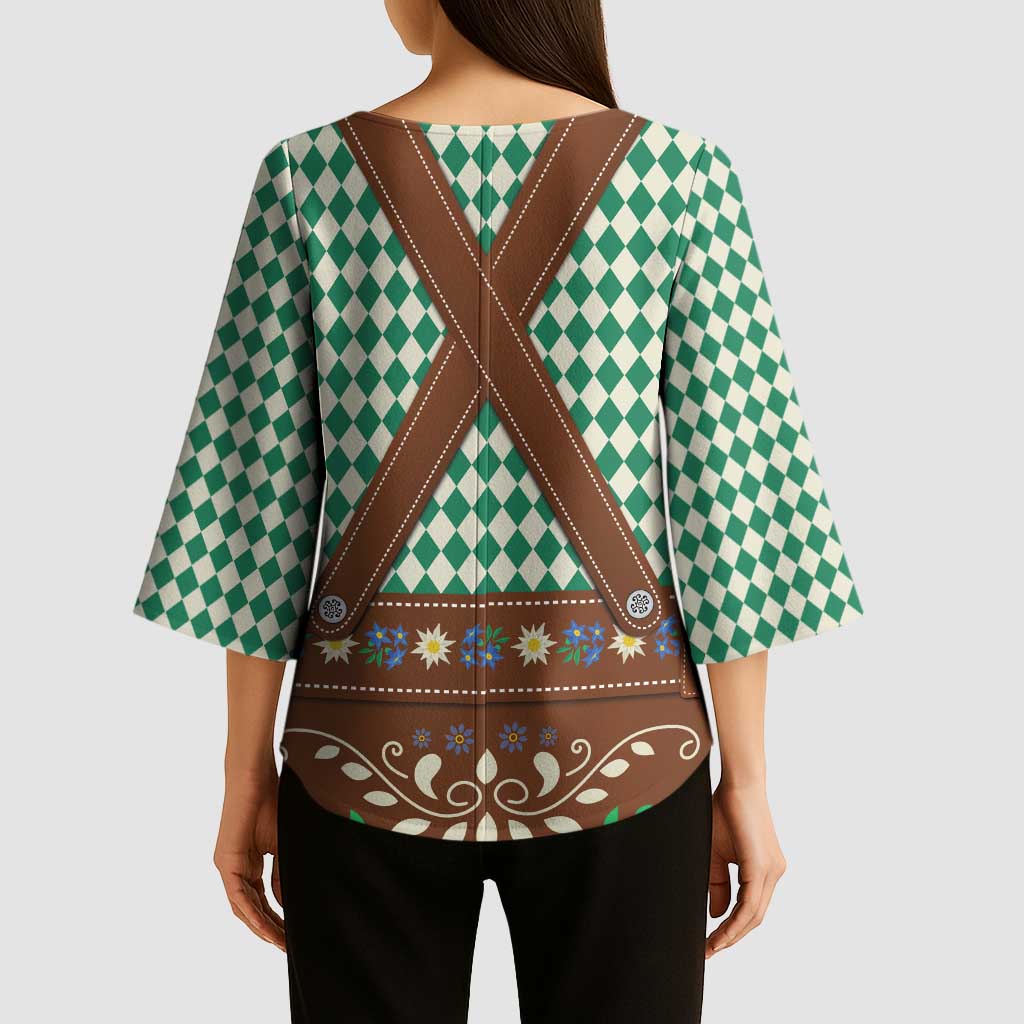 Lederhosen Oktoberfest Kimono Sleeve Blouse Green Edelweiss Floral Polka Dots - Wonder Print Shop