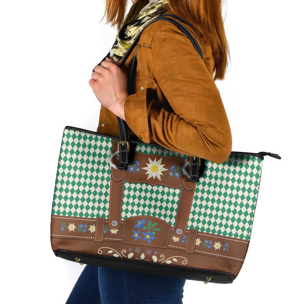 Lederhosen Oktoberfest Leather Tote Bag Green Edelweiss Floral Polka Dots - Wonder Print Shop