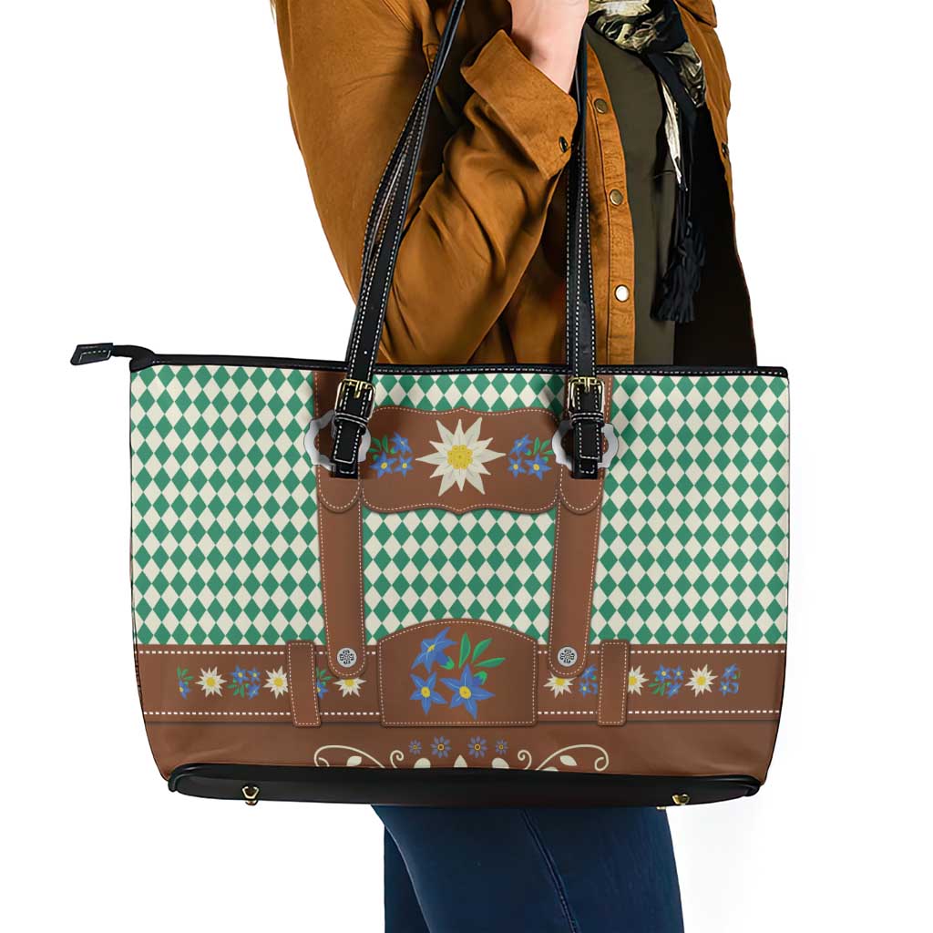 Lederhosen Oktoberfest Leather Tote Bag Green Edelweiss Floral Polka Dots - Wonder Print Shop