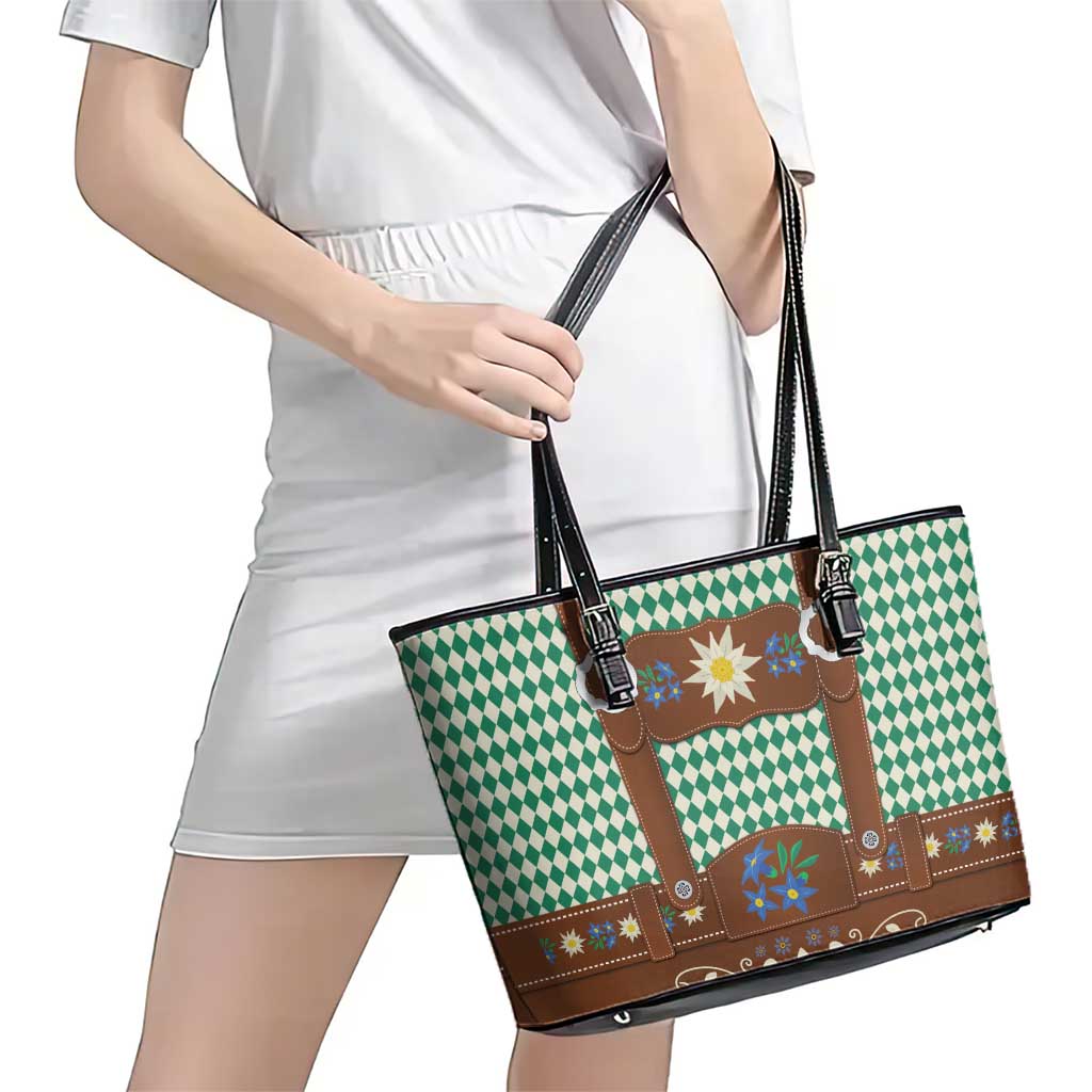 Lederhosen Oktoberfest Leather Tote Bag Green Edelweiss Floral Polka Dots - Wonder Print Shop