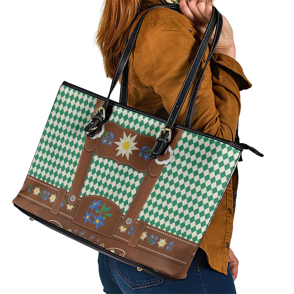 Lederhosen Oktoberfest Leather Tote Bag Green Edelweiss Floral Polka Dots - Wonder Print Shop