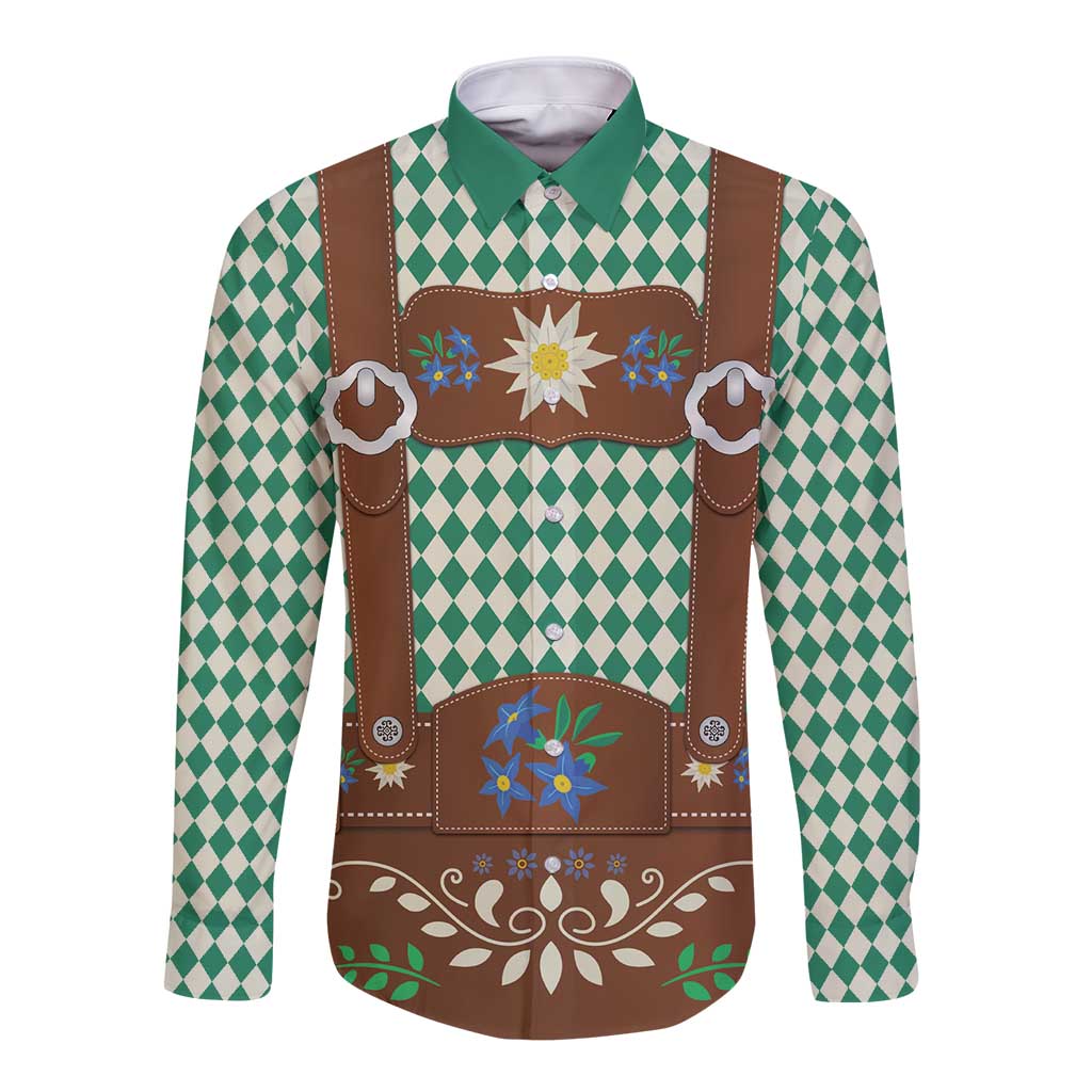 Lederhosen Oktoberfest Long Sleeve Button Shirt Green Edelweiss Floral Polka Dots - Wonder Print Shop