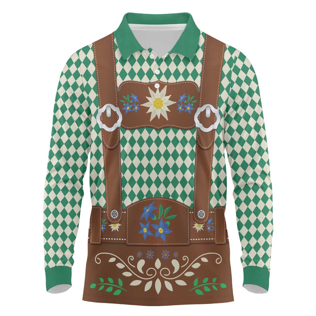 Lederhosen Oktoberfest Long Sleeve Polo Shirt Green Edelweiss Floral Polka Dots - Wonder Print Shop