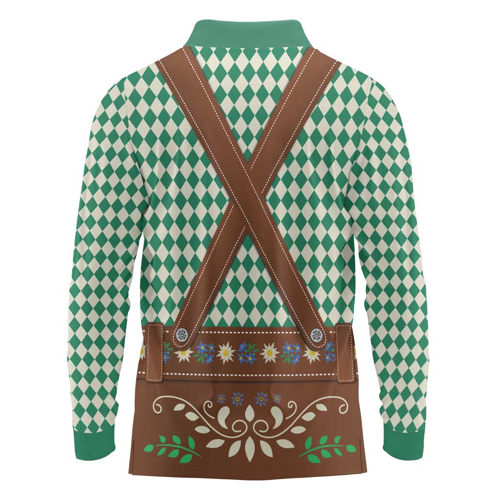 Lederhosen Oktoberfest Long Sleeve Polo Shirt Green Edelweiss Floral Polka Dots - Wonder Print Shop