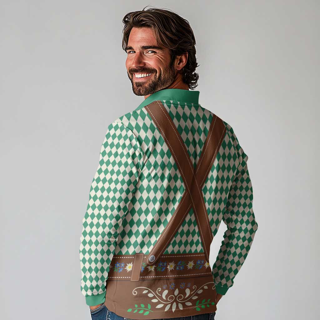 Lederhosen Oktoberfest Long Sleeve Polo Shirt Green Edelweiss Floral Polka Dots - Wonder Print Shop